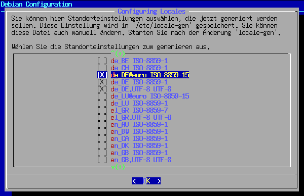 Konfiguration des Pakets „locales“ - Auswahl der zu installierenden Sprachen