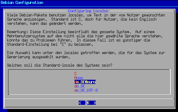 Konfiguration des Pakets „locales“ - Auswahl der voreingestellten Sprache